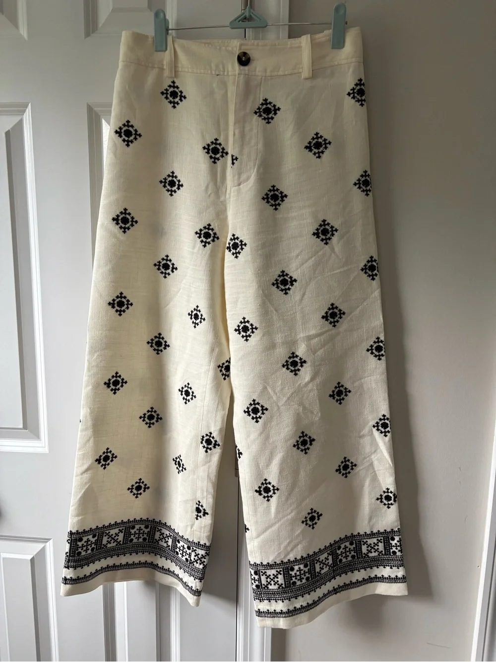 Zara linen blend wide-leg pants with embroidered details